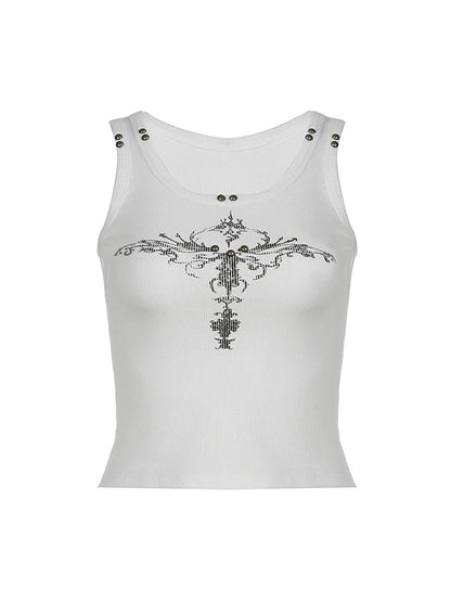 White Gothic Print Rivet Tank Top