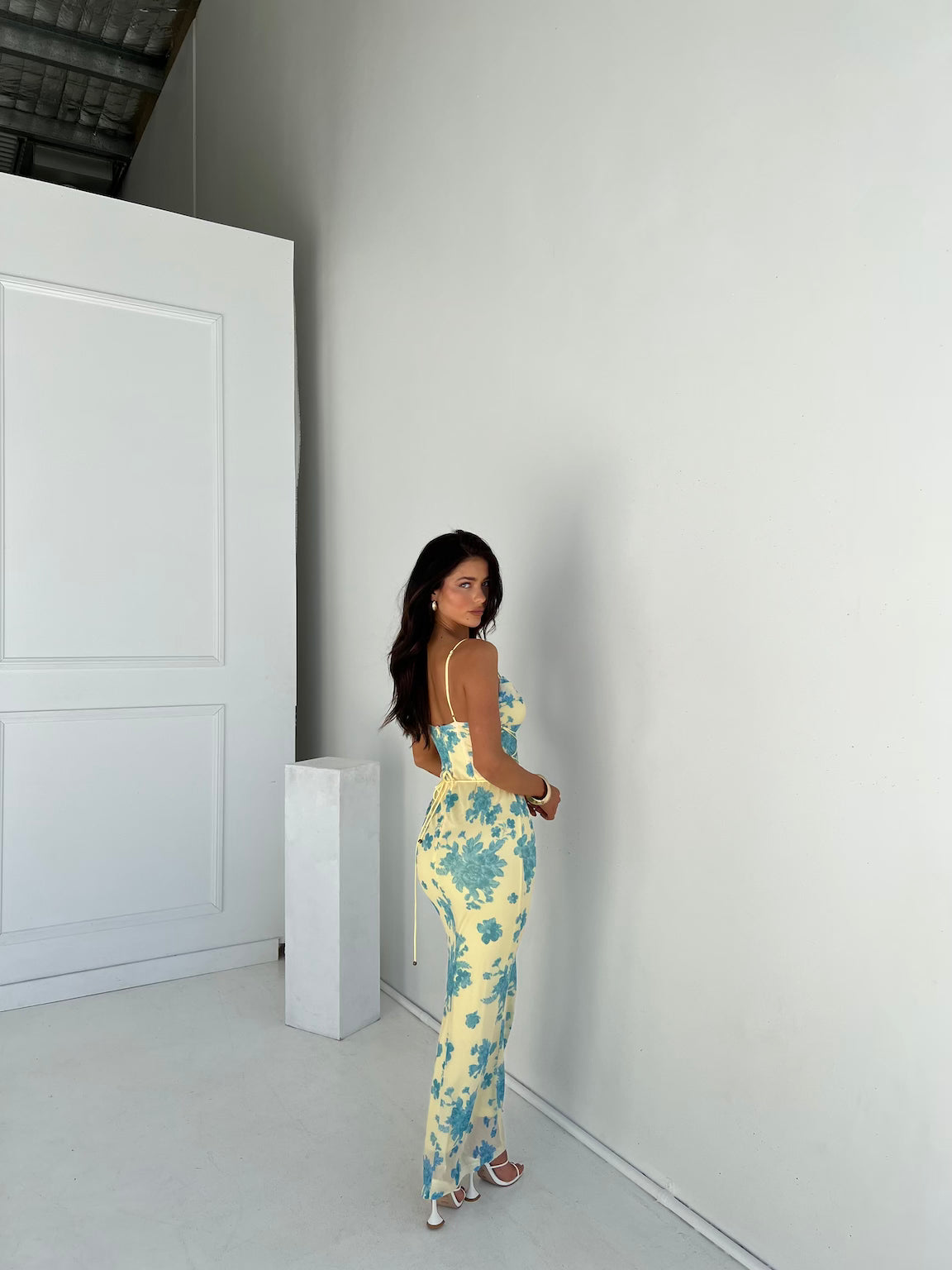 Lemon Yellow Floral Print Maxi Dress with Side Slit for Women - Marina