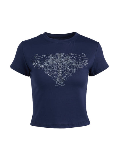 Navy Blue Punk Cross Rhinestone Print Cropped Short Sleeve Tee