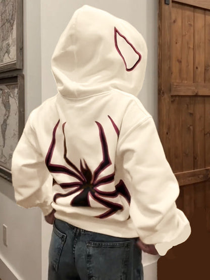 Sudadera con capucha y cremallera estilo punk con estampado de araña