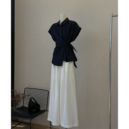 Black Short Sleeve Wrap Blouse with White Wide Leg Pants for Women - Olga