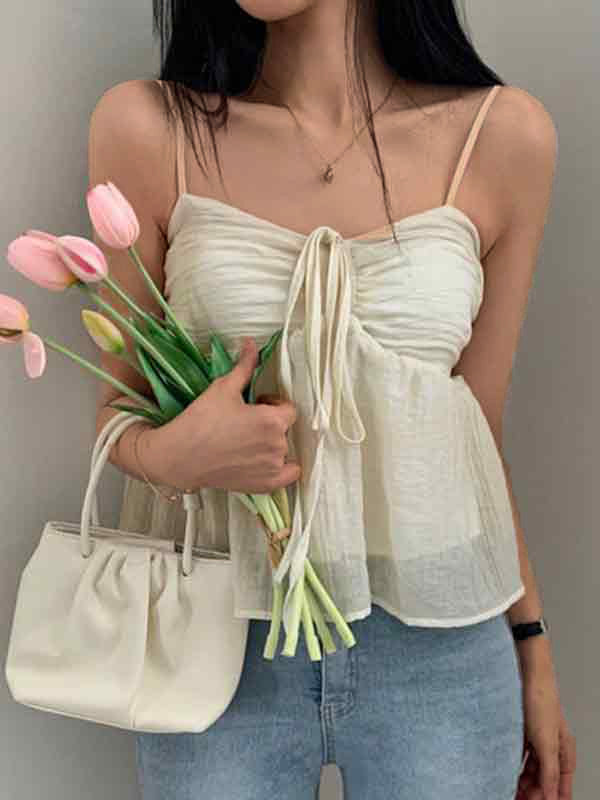 Apricot Sweet Pleated Lace Up Cami Top