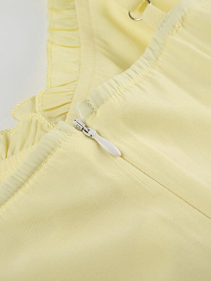 Yellow Vintage V Neck Ruffle Slit Hem Plain Top