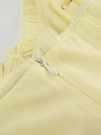 Yellow Vintage V Neck Ruffle Slit Hem Plain Top