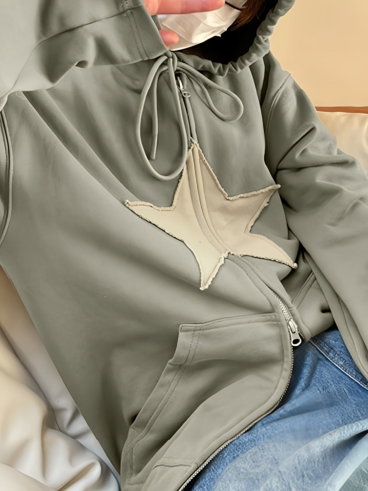 Green Vintage Baggy Hoodie with Star Patch and Zipper