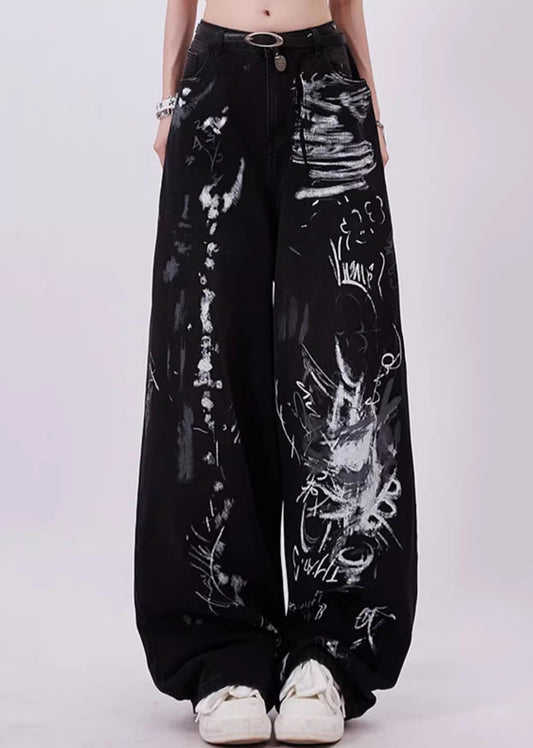 Black Grunge Graffiti Print Baggy Jeans