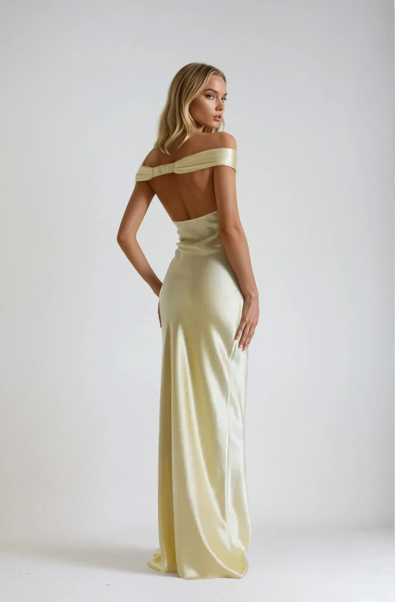 Golden Satin Maxi Dress with Off-Shoulder Design for Women - Lina