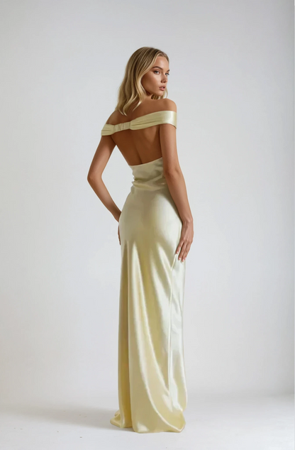 Golden Satin Maxi Dress with Off-Shoulder Design for Women - Lina