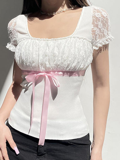 White Y2K Bow Lace Patchwork Bubble Sleeve Top