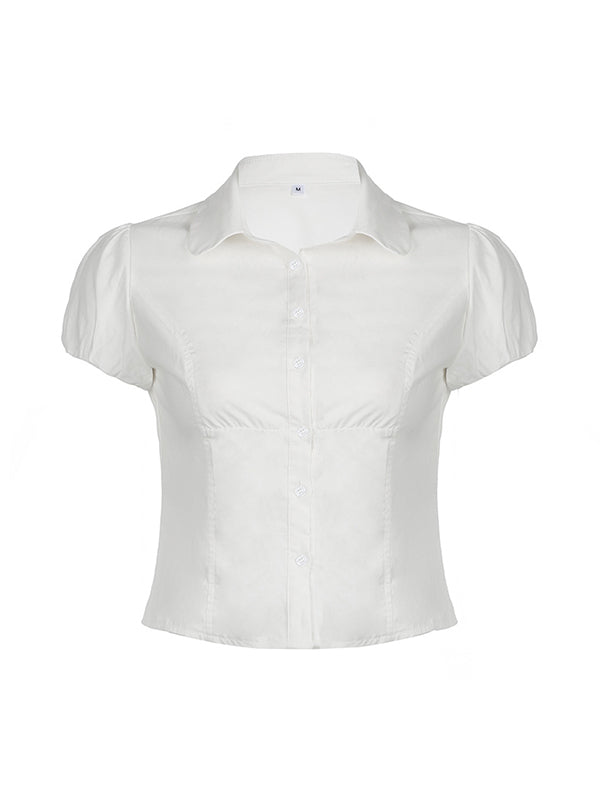 Camisa blanca vintage de manga corta con escote en V y cintura ajustada