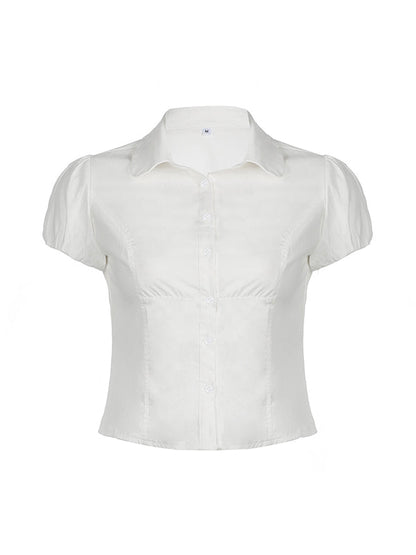 Camisa blanca vintage de manga corta con escote en V y cintura ajustada