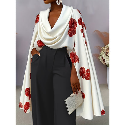 White Draped Long Sleeve Shirt with Red Floral Print for Women - Adelaide