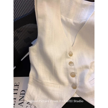 White Button Down Linen Vest Top for Women - Carmela