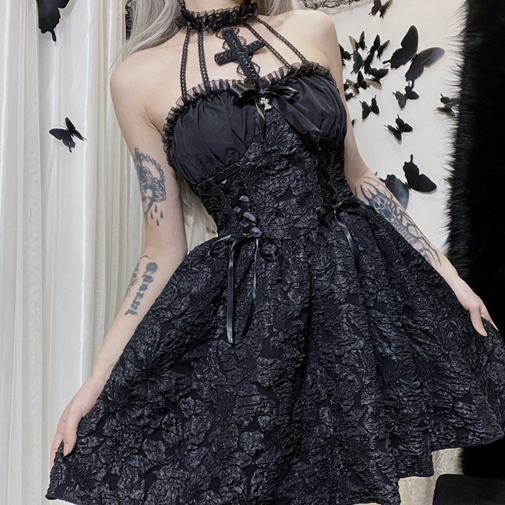 Black Lace Halter Mini Dress with Corset Detail for Women - Linda