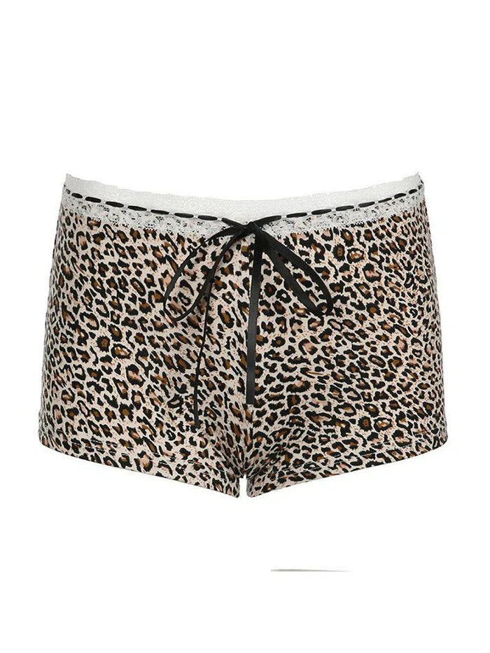 Punk Low Rise Leopardenmuster Shorts mit Spitzenbesatz