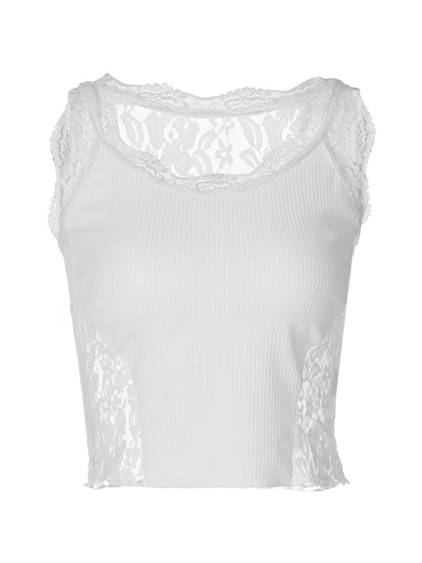 White Sweet Lace Trim Splice Tank Top