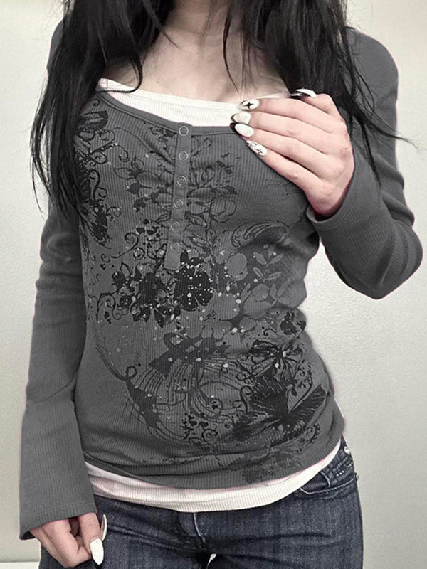 Gray Vintage Butterfly Print Long Sleeve Knits