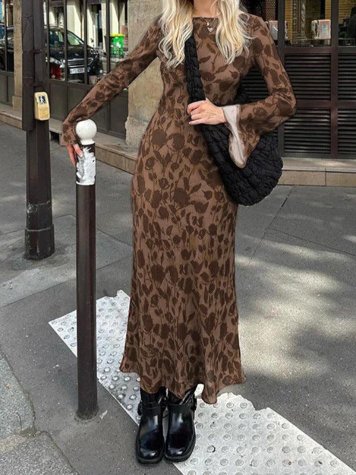 Brown Classic Print Trumpet Sleeve Maxi Dress