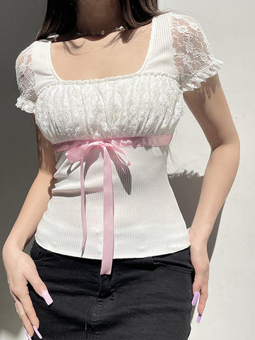 White Y2K Bow Lace Patchwork Bubble Sleeve Top