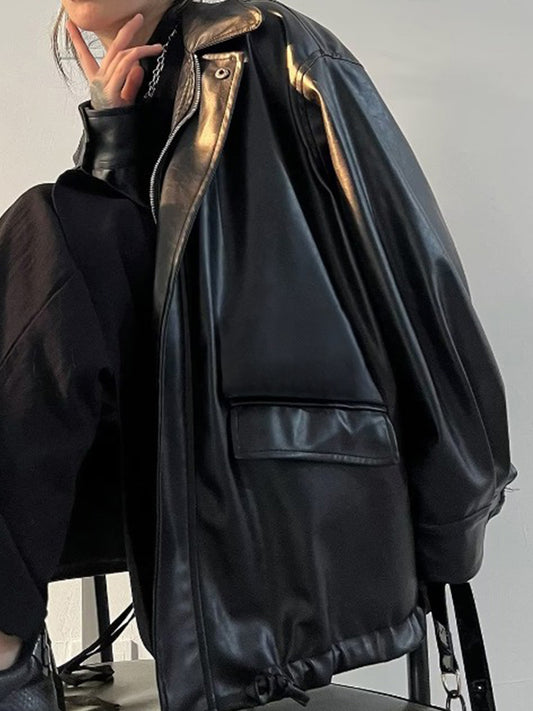 Retro Oversized Black Faux Leather Jacket with Zipper
