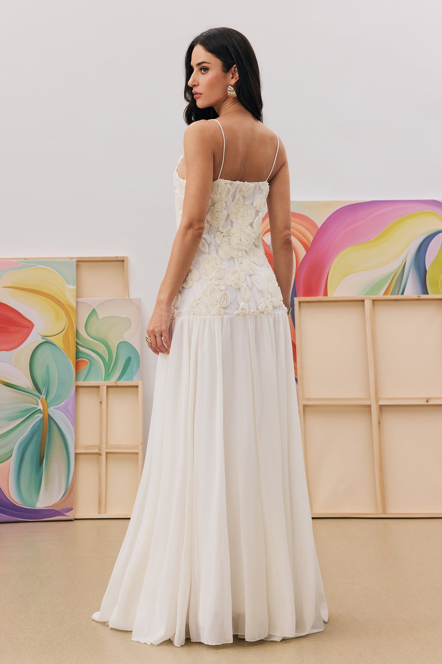 White Floral Lace Maxi Dress with Chiffon Skirt for Women - Olimpia