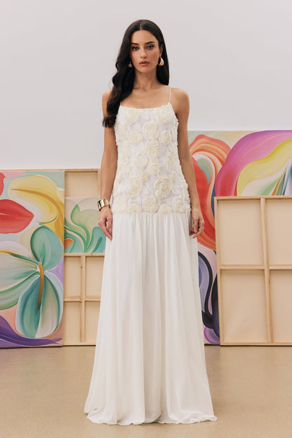 White Floral Lace Maxi Dress with Chiffon Skirt for Women - Olimpia