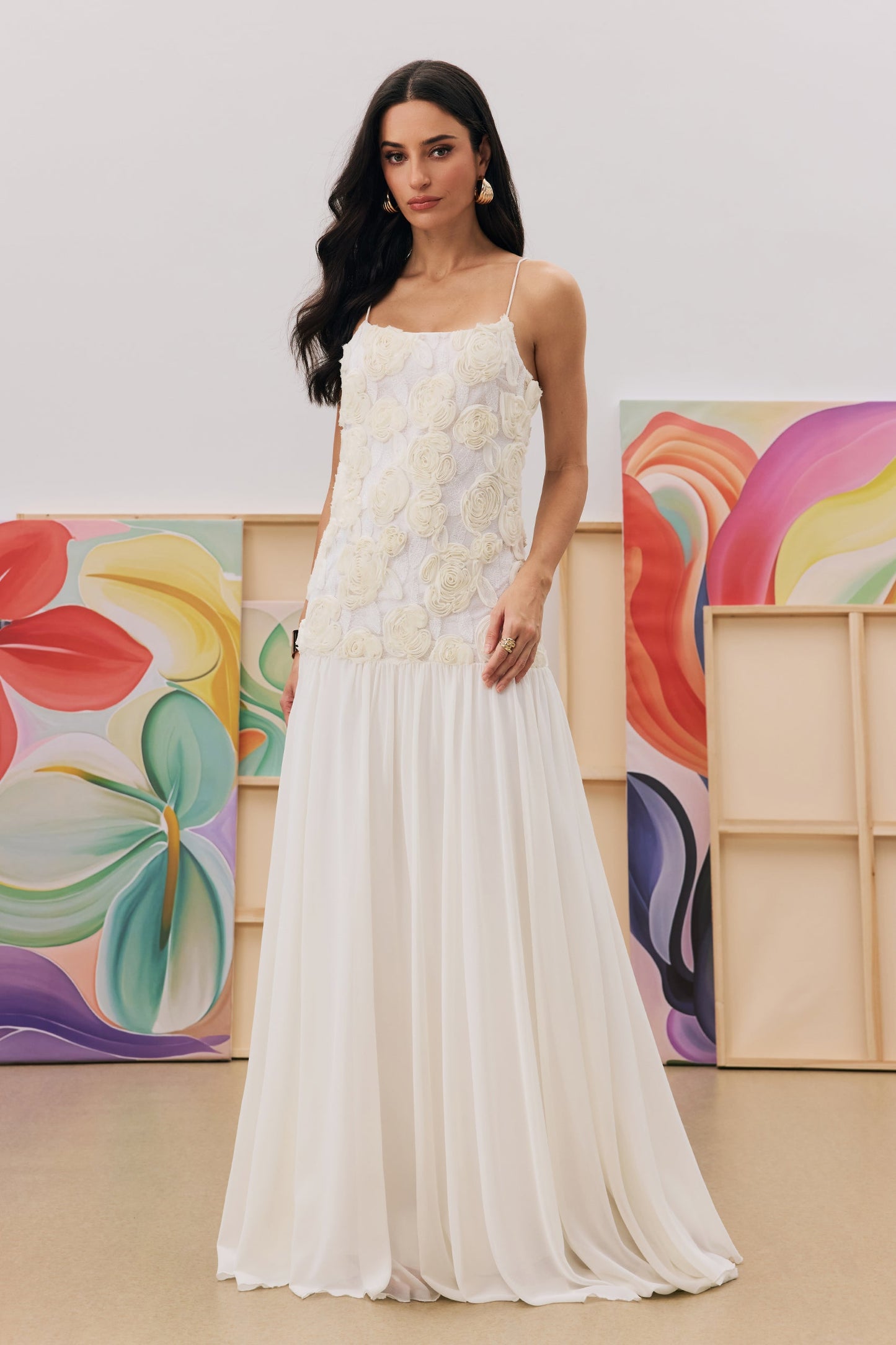 White Floral Lace Maxi Dress with Chiffon Skirt for Women - Olimpia