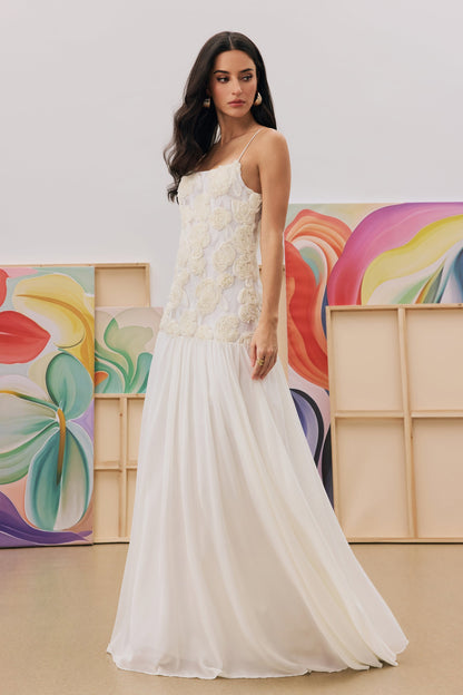 White Floral Lace Maxi Dress with Chiffon Skirt for Women - Olimpia