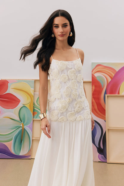 White Floral Lace Maxi Dress with Chiffon Skirt for Women - Olimpia