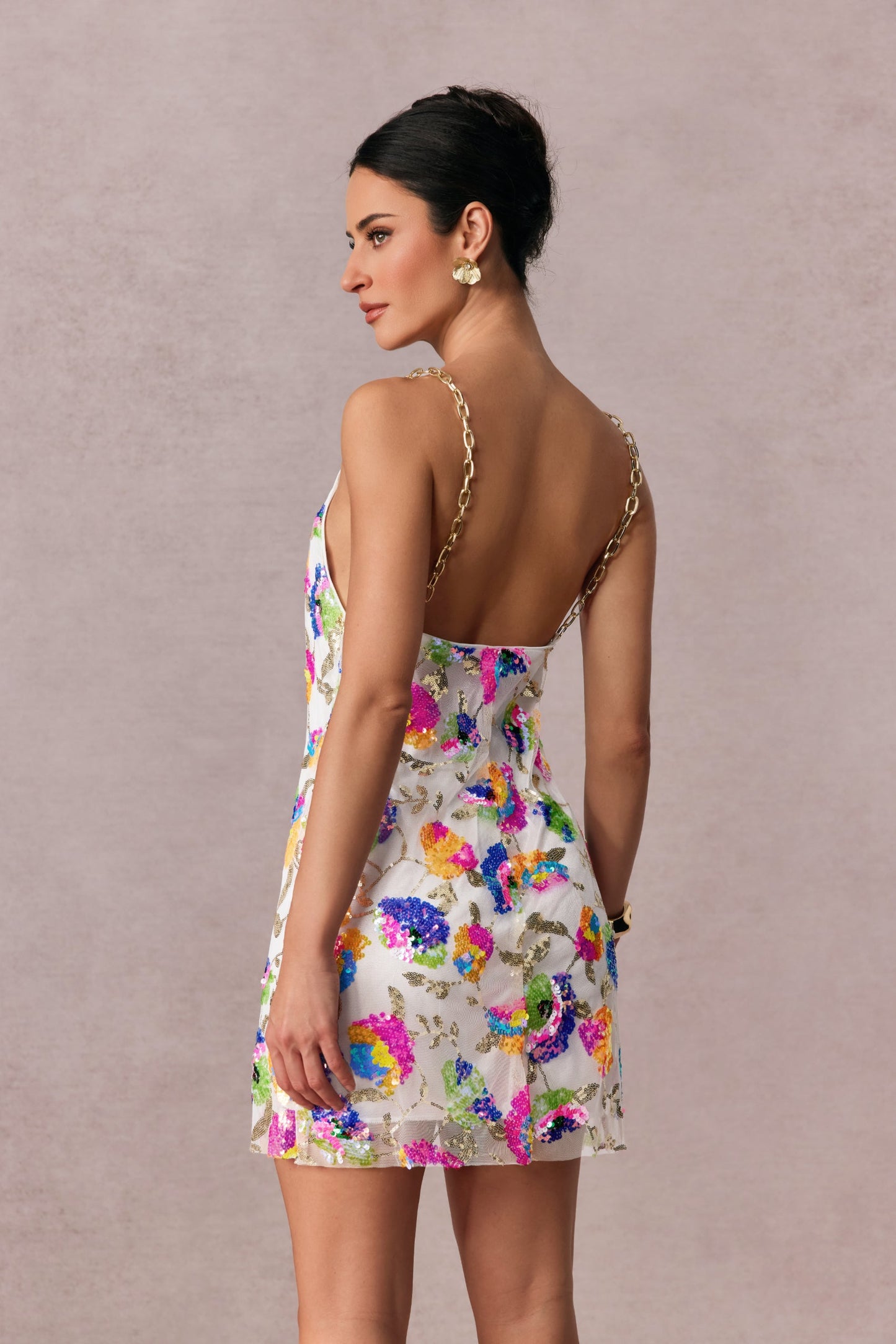 Sequin Floral Mini Dress with Chain Straps for Women - Viviana