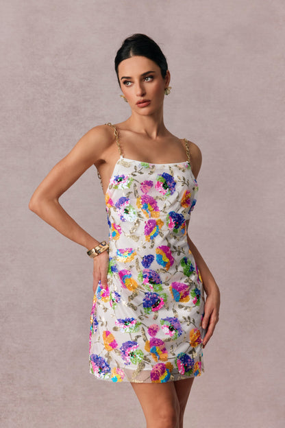 Sequin Floral Mini Dress with Chain Straps for Women - Viviana