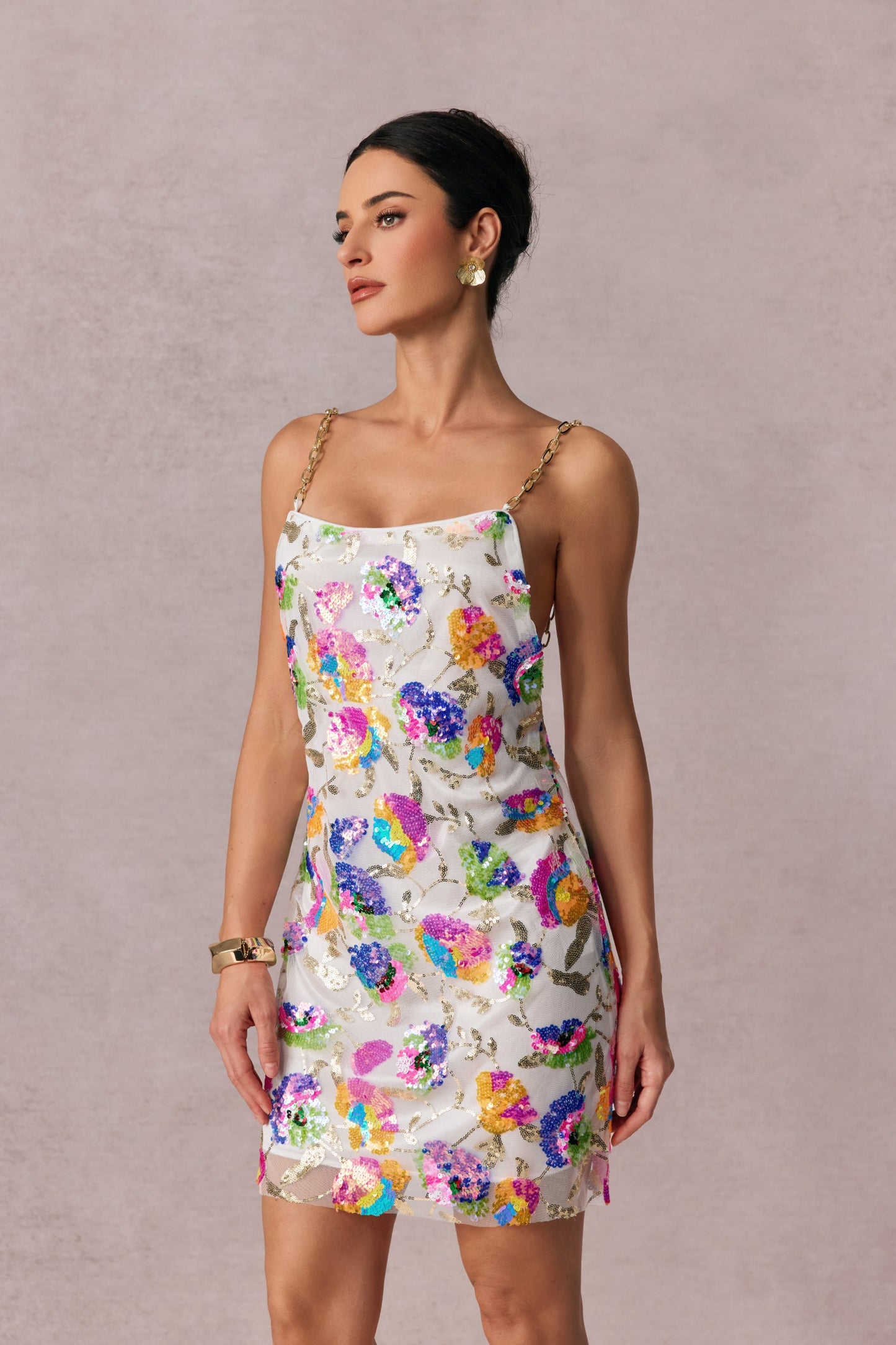 Sequin Floral Mini Dress with Chain Straps for Women - Viviana