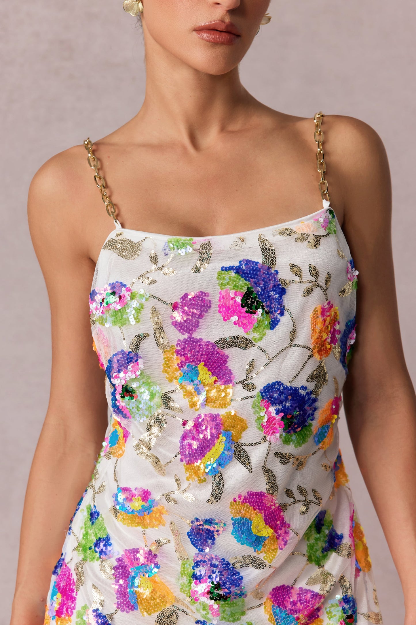 Sequin Floral Mini Dress with Chain Straps for Women - Viviana