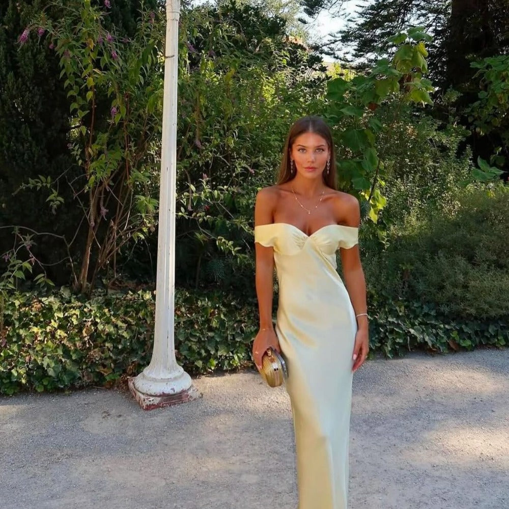 Off-Shoulder Satin Maxi Dress with Side Slit for Women - Aurora