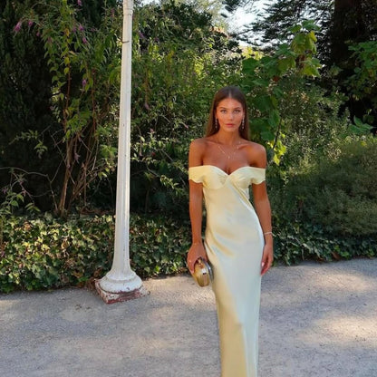 Off-Shoulder Satin Maxi Dress with Side Slit for Women - Aurora