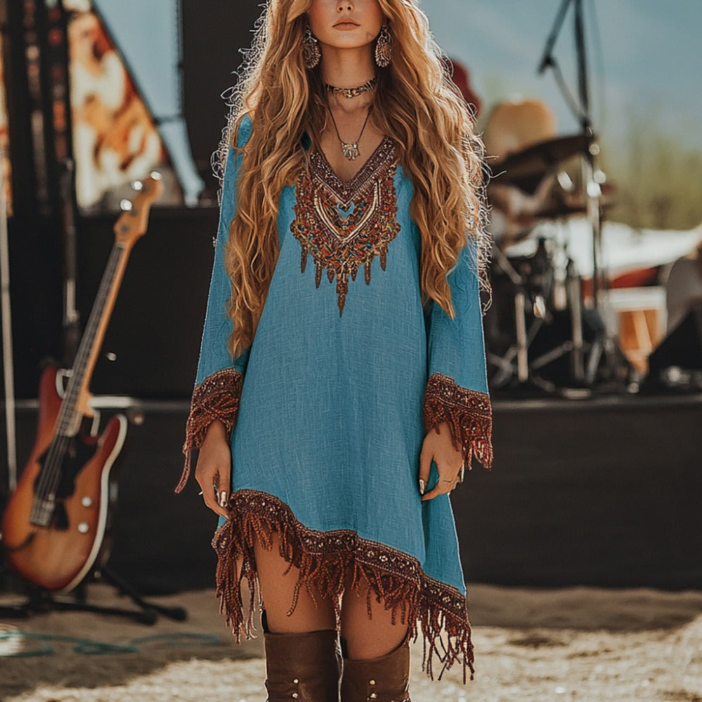 Embroidered Bohemian Mini Dress with Fringe for Women - Patrizia