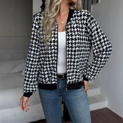 Black White Houndstooth Print Bomber Jacket with Zipper for Women - Manuela