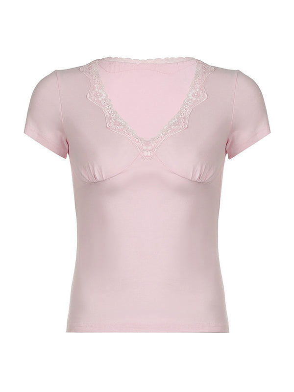 Pink Vintage V Neck Lace Trim Short Sleeve Tee