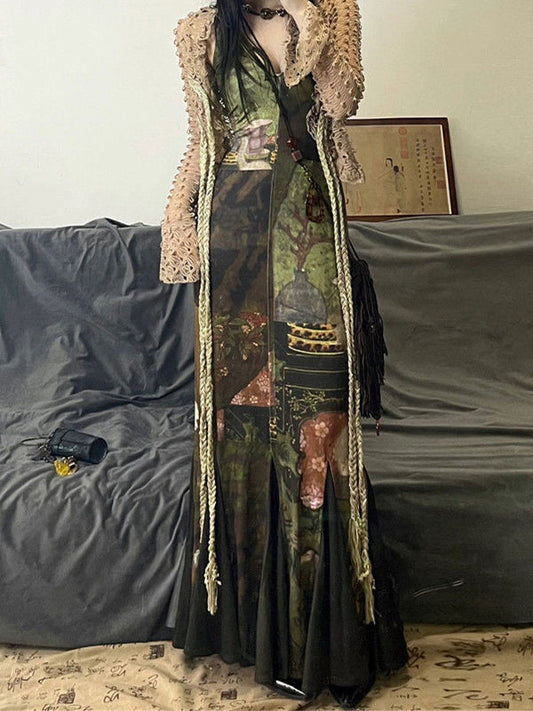 Vintage Maxikleid mit Unregelmäßigem Splice Falten Saum und Druck