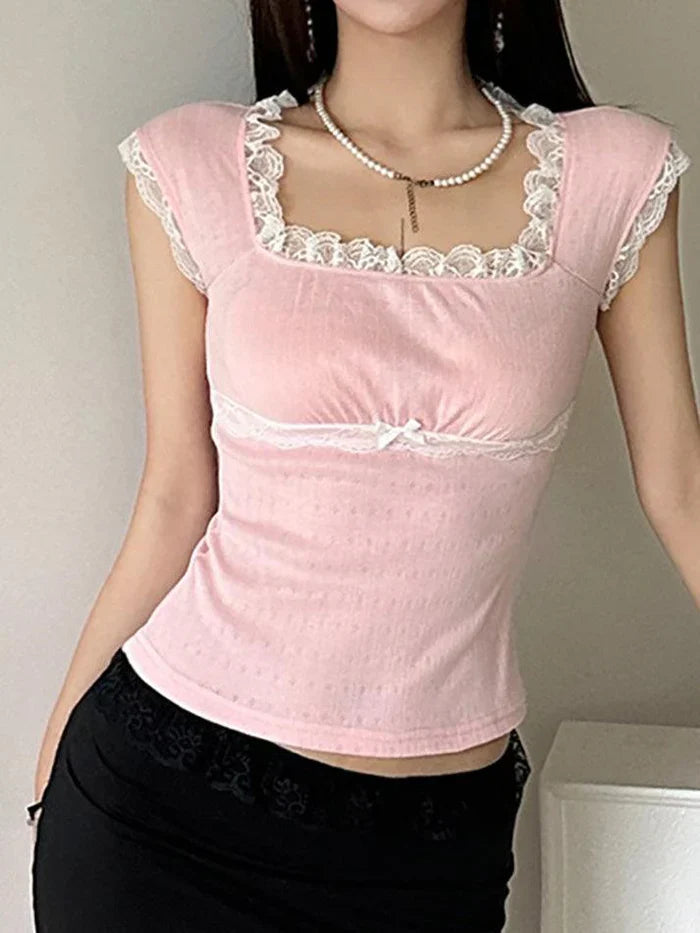 Pink Vintage Lace Trim Bow Slim Crop Top with Square Neck