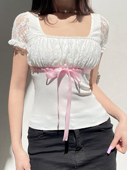 White Sweet Bow Lace Splicing Bubble Sleeve Top