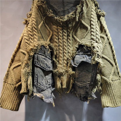 Distressed Knit Sweater with Denim Patchwork for Women - Piera