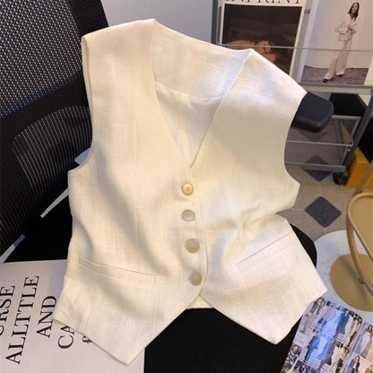 White Button Down Linen Vest Top for Women - Carmela