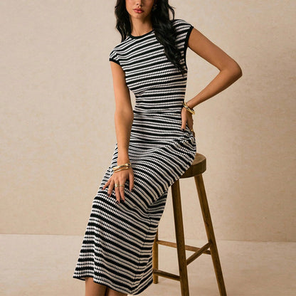 Black White Striped Midi Dress with Cap Sleeves for Women - Alba