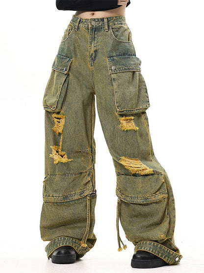 Vintage Faded Effect Cargo Jeans with Holes