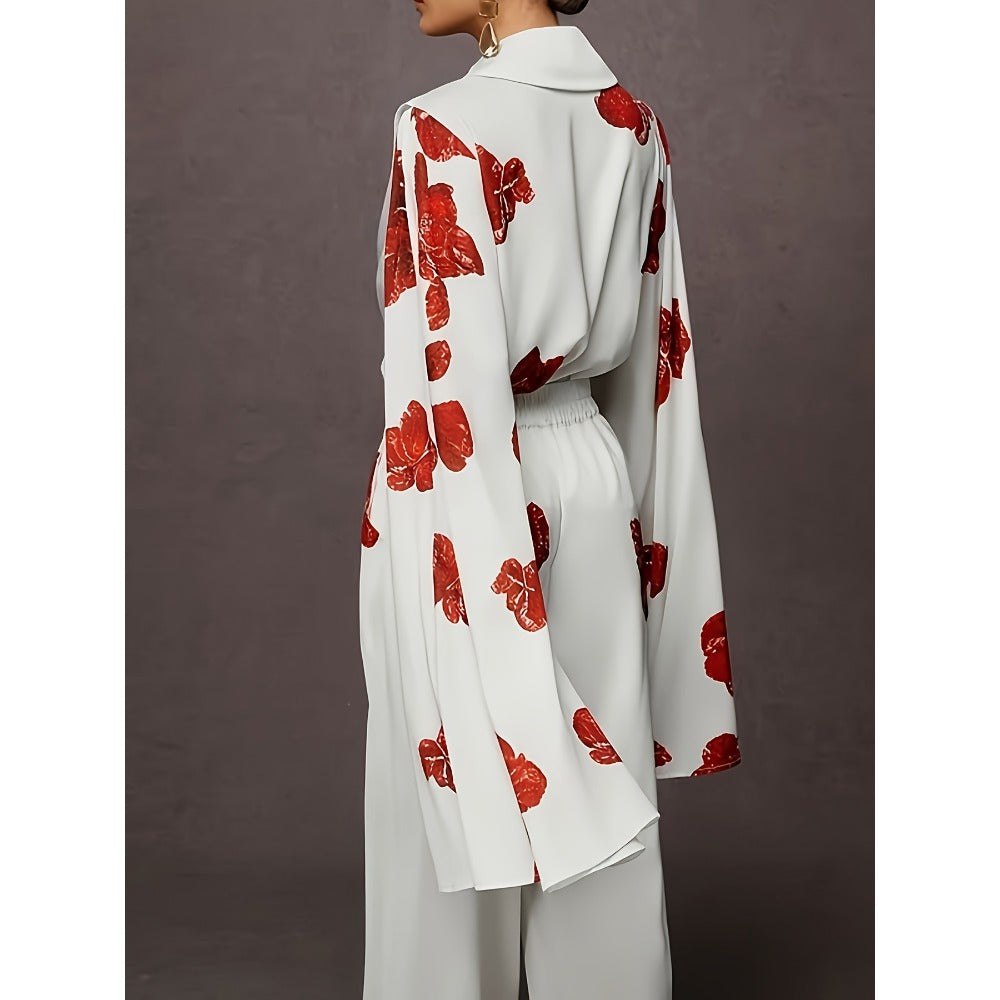 White Draped Long Sleeve Shirt with Red Floral Print for Women - Adelaide