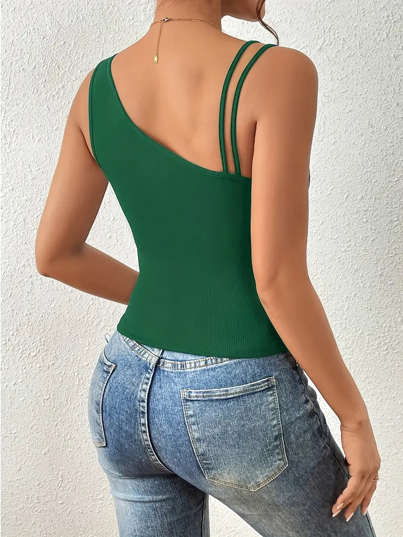 Blusa asimétrica sin mangas con cuello oblicuo liso 