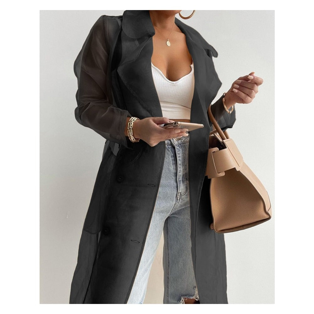 Sheer Long Sleeve Trench Coat with Belt for Women - Diana