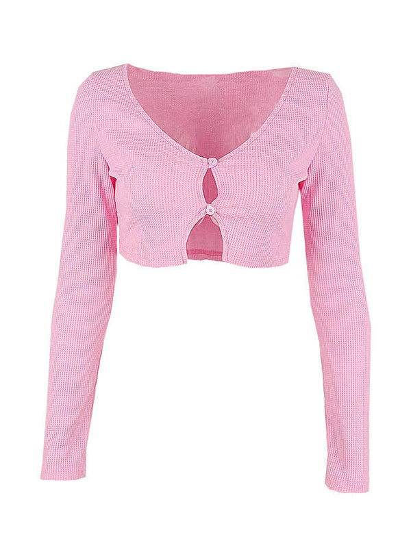 Jersey de cuello en V ultracorto de color rosa