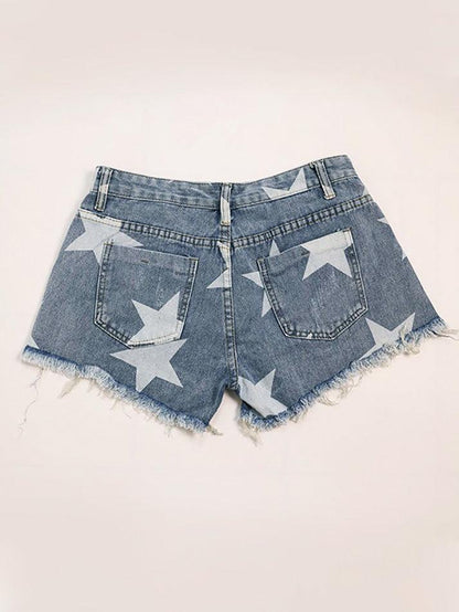 Shorts vaqueros de tiro bajo con rotos y estampado de estrellas azules Y2K